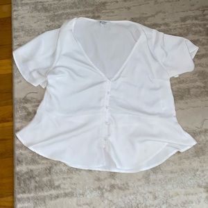 Express satin flounce button down blouse